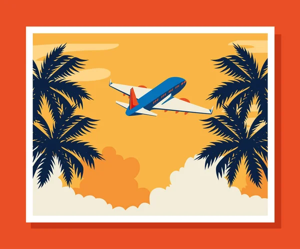 Cartaz de viagem com avião voando e palmeiras de árvores — Vetor de Stock