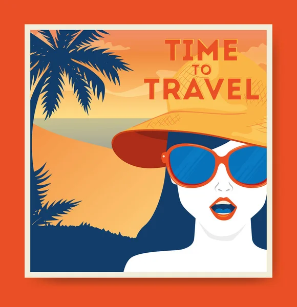 Cartaz de viagem com mulher e paisagem de verão — Vetor de Stock