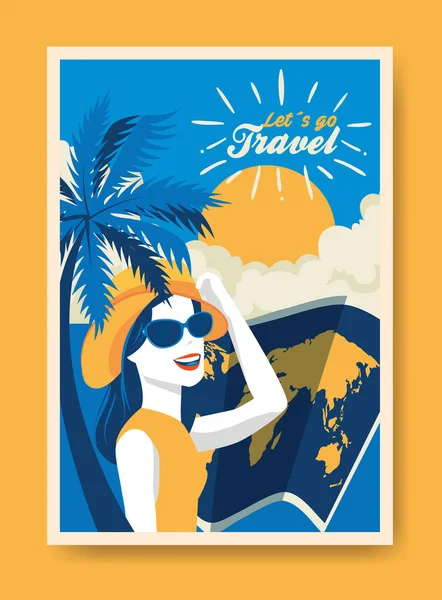 Reis poster met vrouw en zomer landschap — Stockvector