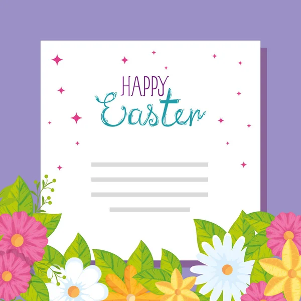 Feliz tarjeta de Pascua con decoración de flores y hojas — Vector de stock