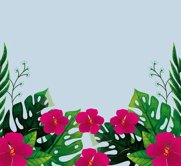 Lindas flores color fucsia con hojas tropicales naturales — Archivo Imágenes Vectoriales