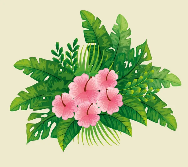 Cute flowers pink color with tropical leafs naturals — Stock Vector