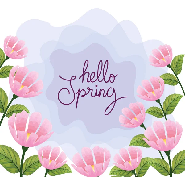 Olá primavera com flores e folhas decoração — Vetor de Stock