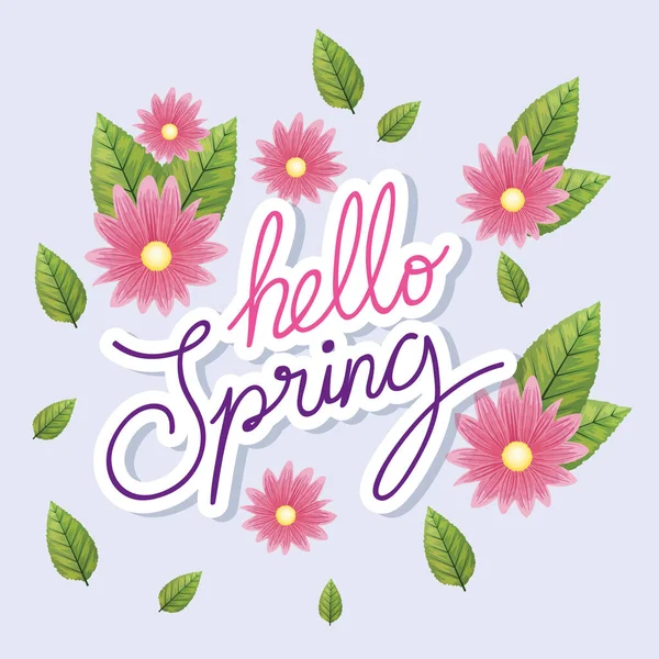 Hallo Frühling mit Blumen und Blätterdekoration — Stockvektor