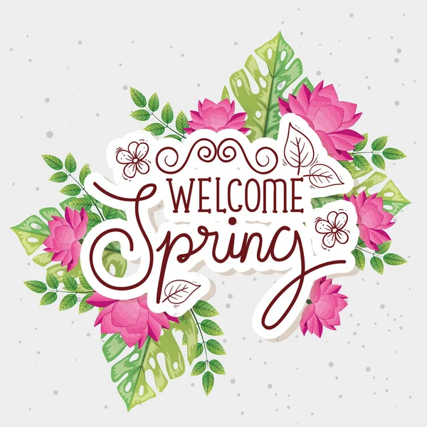 Bienvenue printemps avec des fleurs et des feuilles décoration — Image vectorielle