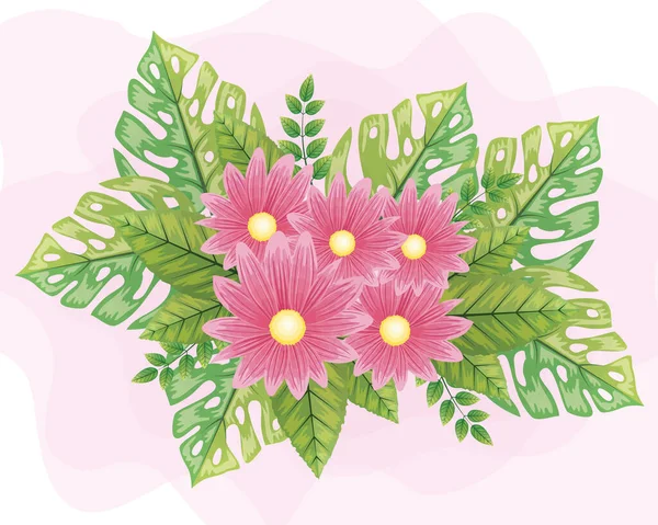 Söta blommor rosa färg med blad naturliga — Stock vektor