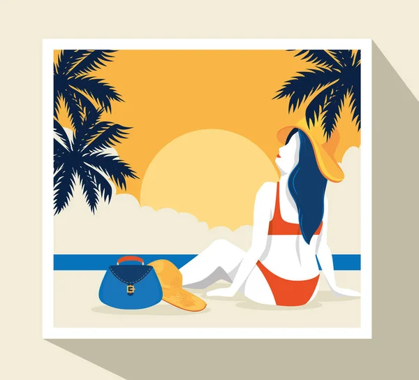 Подорожі плакат з жінкою в пляжному пейзажі — стоковий вектор