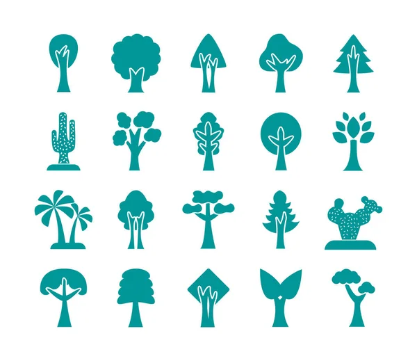 Bunt av träd siluett stil ikoner — Stock vektor