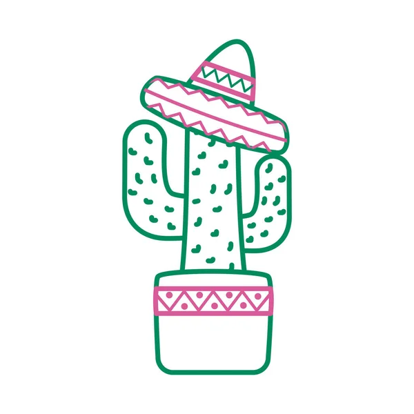 Cactus mexicaanse plant met hoed lijn stijl — Stockvector