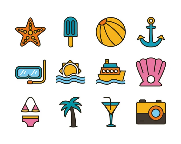 Pakiet linii zestaw plaży i wypełnić ikony — Wektor stockowy