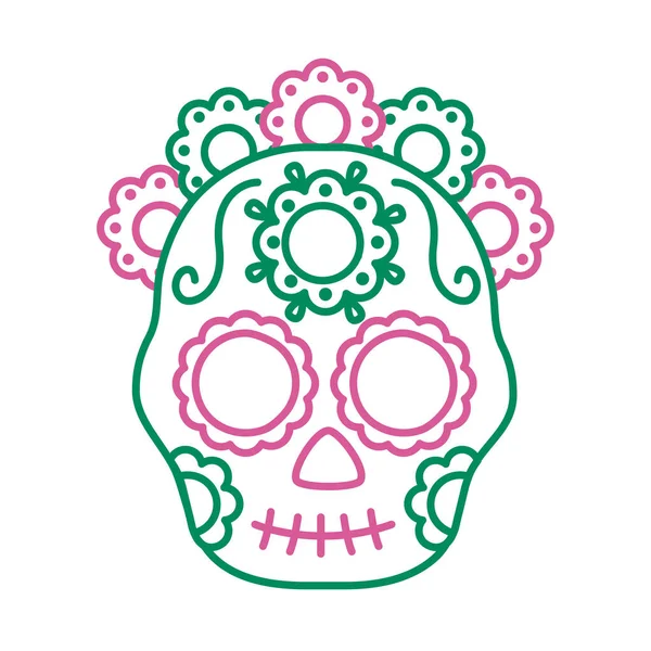 Cabeça de crânio mexicana tradicional com estilo de linha de flores — Vetor de Stock