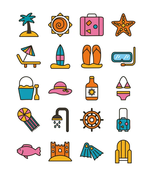 Paquete de línea de playa y llenar iconos — Archivo Imágenes Vectoriales
