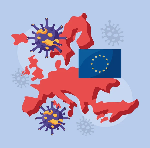 Covid 19 partículas y mapa de Europa con bandera eu — Archivo Imágenes Vectoriales