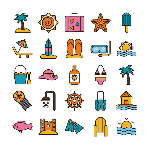 Bundle of beach set line and fill icons — Stock Vector