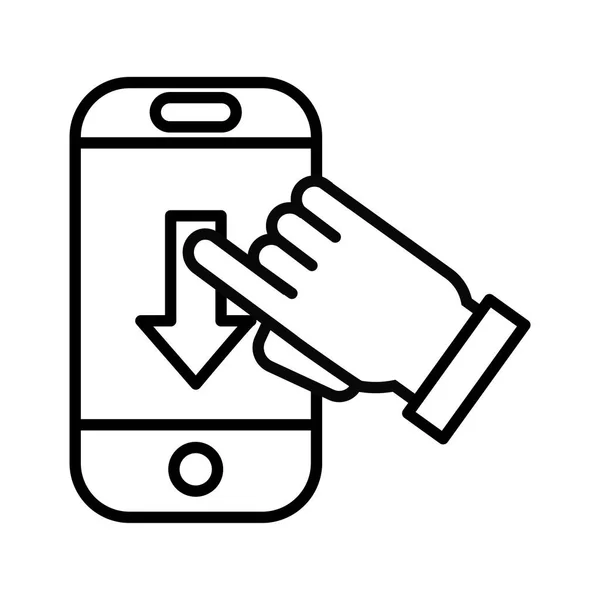 Main à l'aide d'un appareil smartphone avec flèche vers le bas style de ligne — Image vectorielle