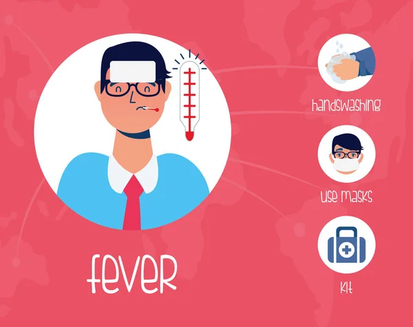 Patient mit Fieber und Vorsorgemethoden — Stockvektor