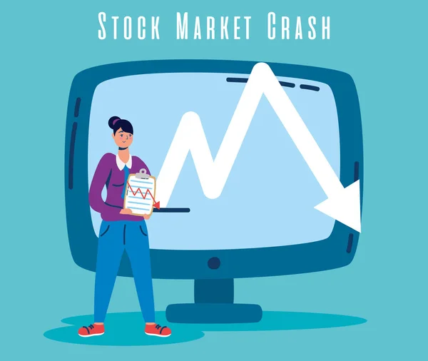 Zakenvrouw met beurs crash pictogrammen — Stockvector