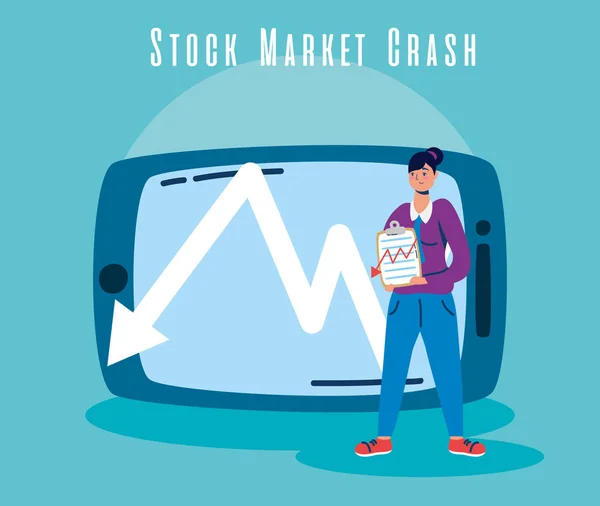 Zakenvrouw met beurs crash pictogrammen — Stockvector