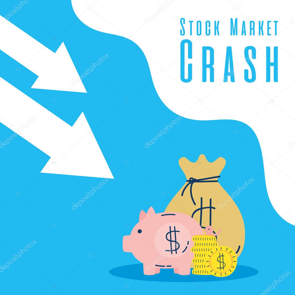 piggy savings with arrow down stock market crash icons