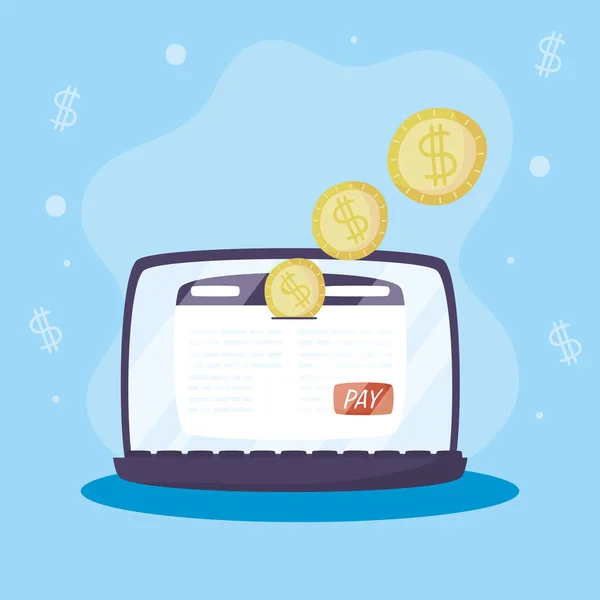 Tecnologia online de pagamentos com laptop e moedas — Vetor de Stock