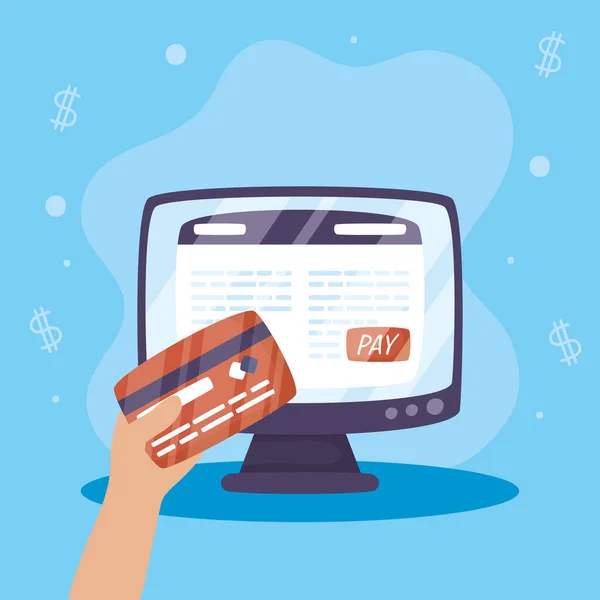 Tecnologia online de pagamentos com desktop e cartão de crédito —  Vetores de Stock