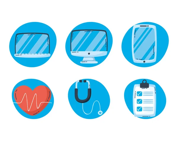 Tecnologia on-line de saúde com ícones definidos — Vetor de Stock