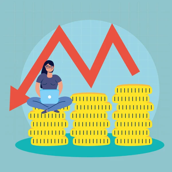 Podnikatelka s ikonami krachu akciového trhu — Stockový vektor