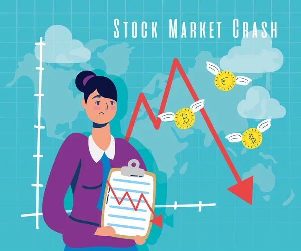 Zakenvrouw met beurs crash pictogrammen — Stockvector