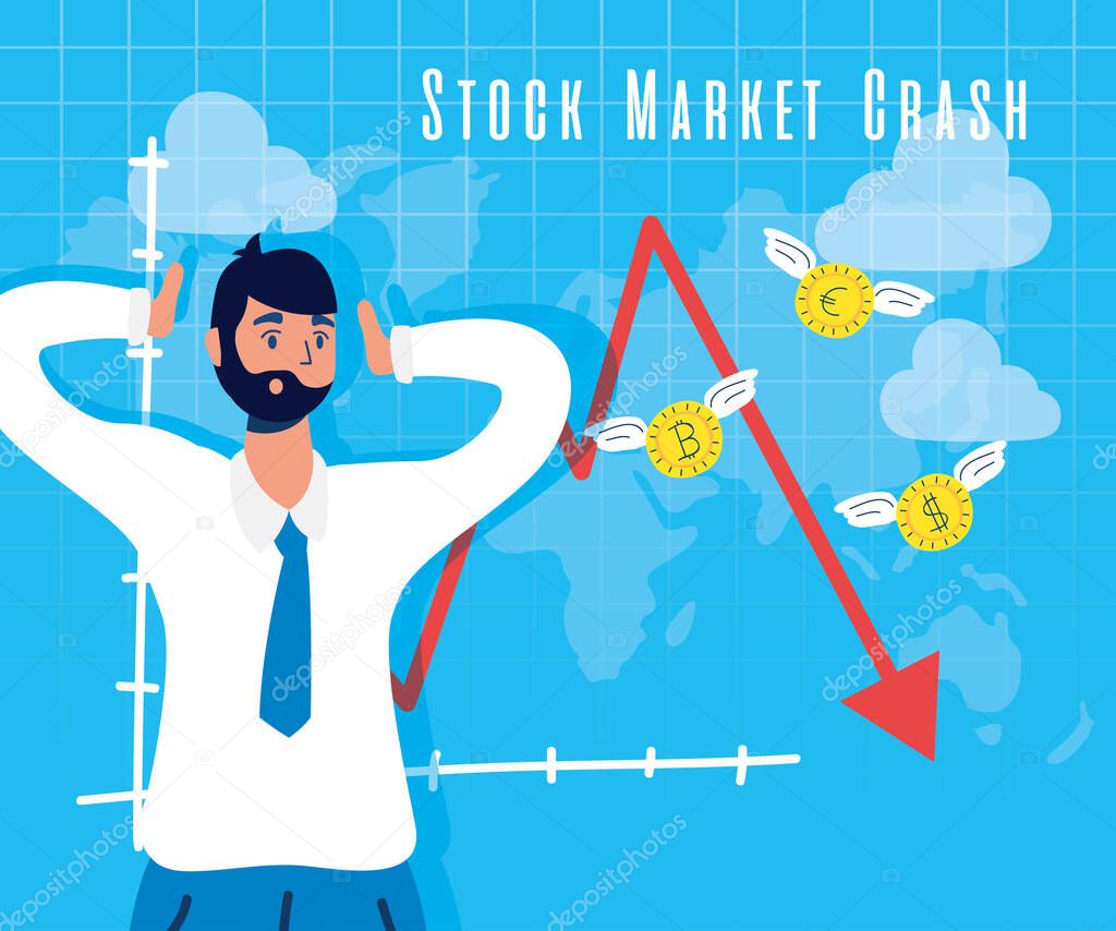 businessman with stock market crash icons