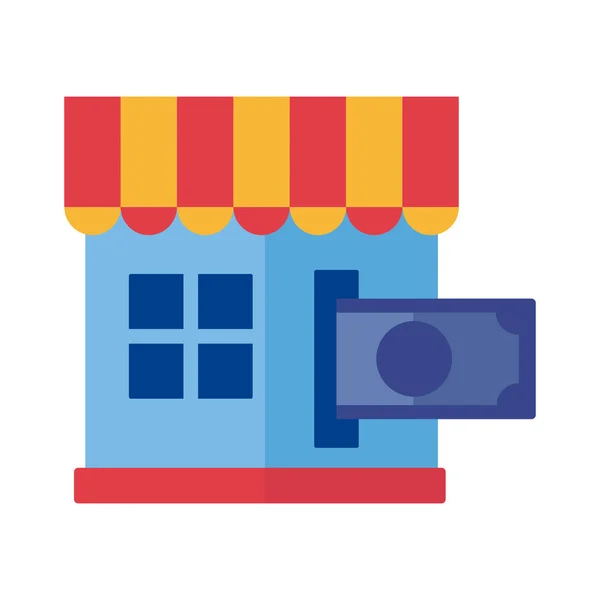 Disegno di legge dollaro con edificio negozio Pagamento on-line icona in stile piatto — Vettoriale Stock