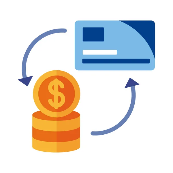 Carte de crédit et pièces de monnaie paiement en ligne style plat — Image vectorielle