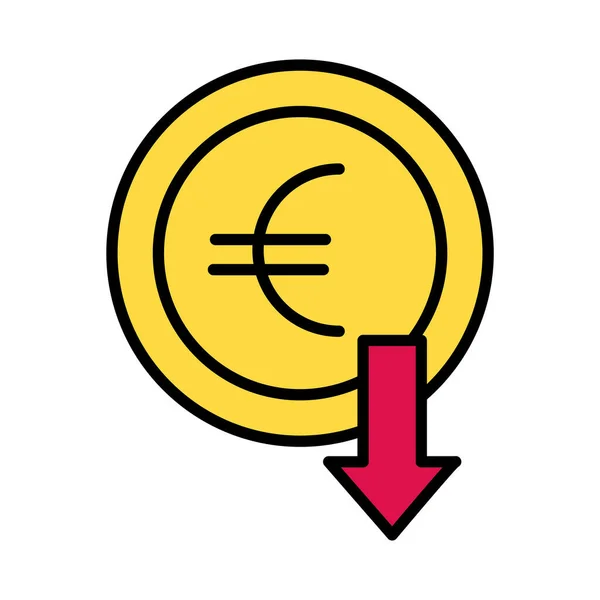 Pièce en euros avec flèche vers le bas et style de remplissage — Image vectorielle