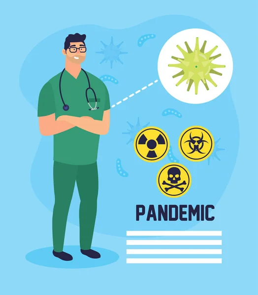 Médecin avec covide 19 particules et signaux de prudence — Image vectorielle