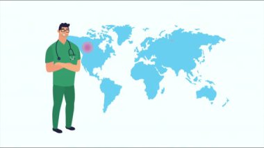 Covid19 parçacıkları ve Dünya gezegeni olan bir doktor.