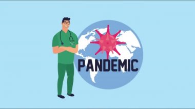 Covid19 parçacıkları ve Dünya gezegeni olan bir doktor.