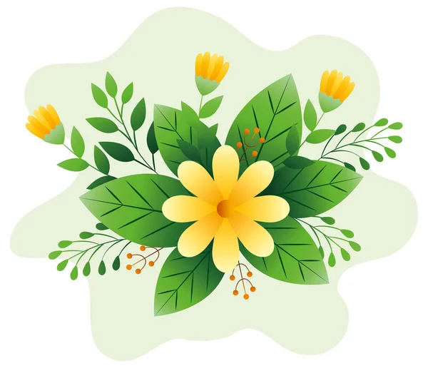 Decoration of flowers yellow color with branches and leafs — Stock Vector