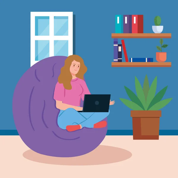 Femme travaillant dans le télétravail avec ordinateur portable à l'intérieur de la maison — Image vectorielle