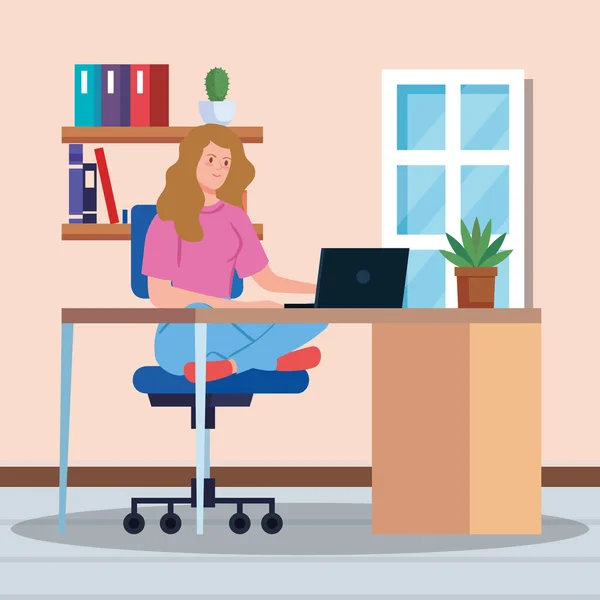 Mujer trabajando teletrabajo dentro de casa — Vector de stock