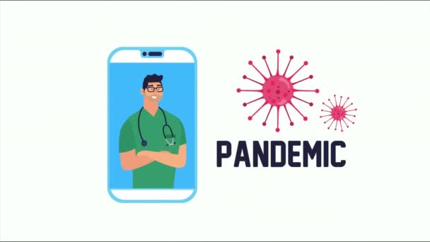 Médico em smartphone com partículas covid19 — Vídeo de Stock