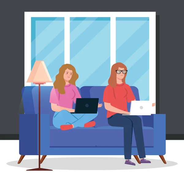 Women working in telecommuting in living room — Stock Vector