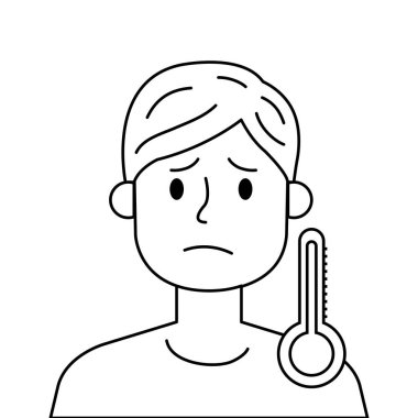 Termometre izole edilmiş simgeyle endişelenen adam