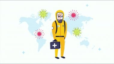 Biyolojik tehlike giysisi olan doktor ve kovid19 parçacık.