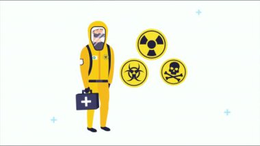 Biyolojik tehlike giysisi ve uyarısı olan bir doktor.