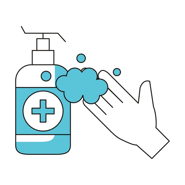 Mano con botella de jabón antibacteriano icono aislado — Vector de stock