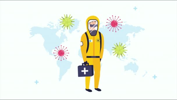Läkare med kostym för biologiska faror och covid19 partiklar — Stockvideo