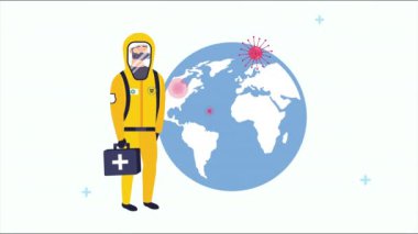 Biyolojik tehlike giysisi olan doktor ve kovid19 parçacık.