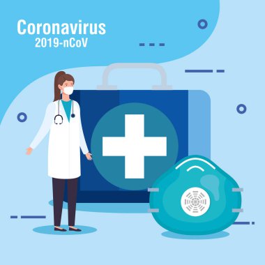 Coperid 19 yardımı için ikonlu doktor kadın.