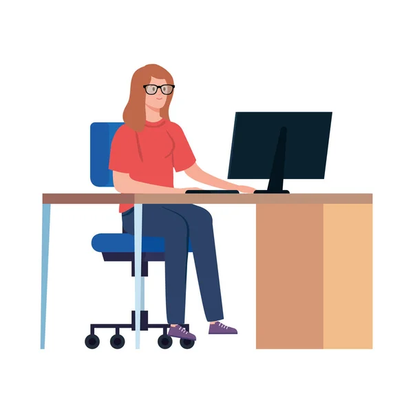 Woman working telecommuting with computer in desk — Stock Vector