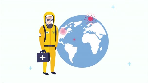 Médico com traje de risco biológico e partículas covid19 — Vídeo de Stock