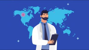 Covid19 parçacıkları ve Dünya gezegeni olan bir doktor.